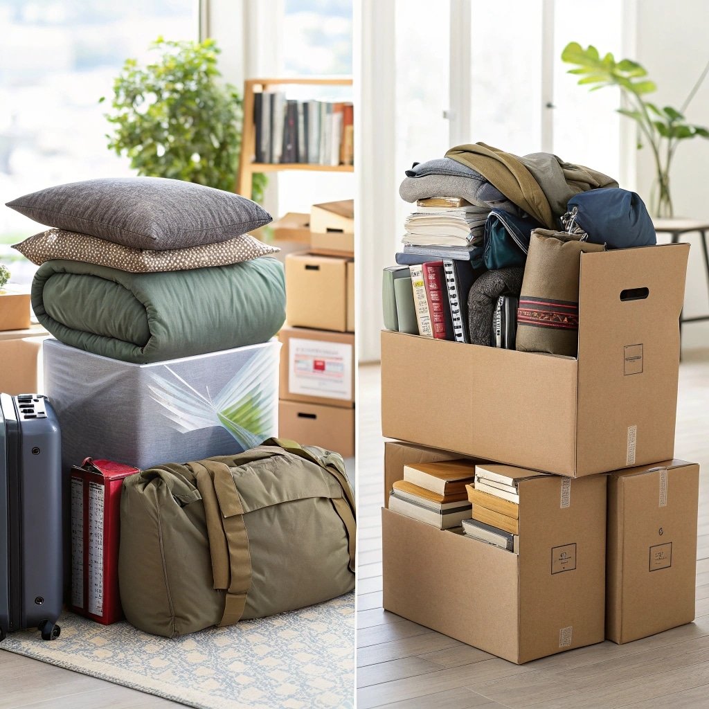 Cardboard boxes, duffel bags, and storage bins filled with books, clothes, and bedding
