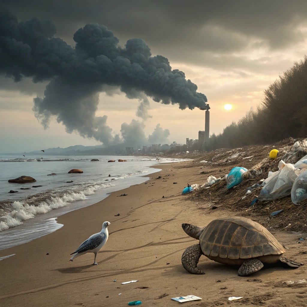 Polluted beach with plastic waste, a turtle, a seagull, and smoke from nearby factories