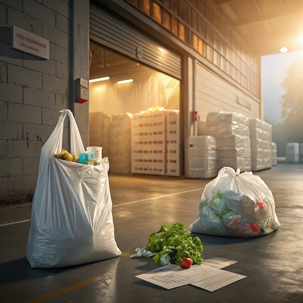 Plastic bags filled with groceries and waste in an industrial warehouse setting