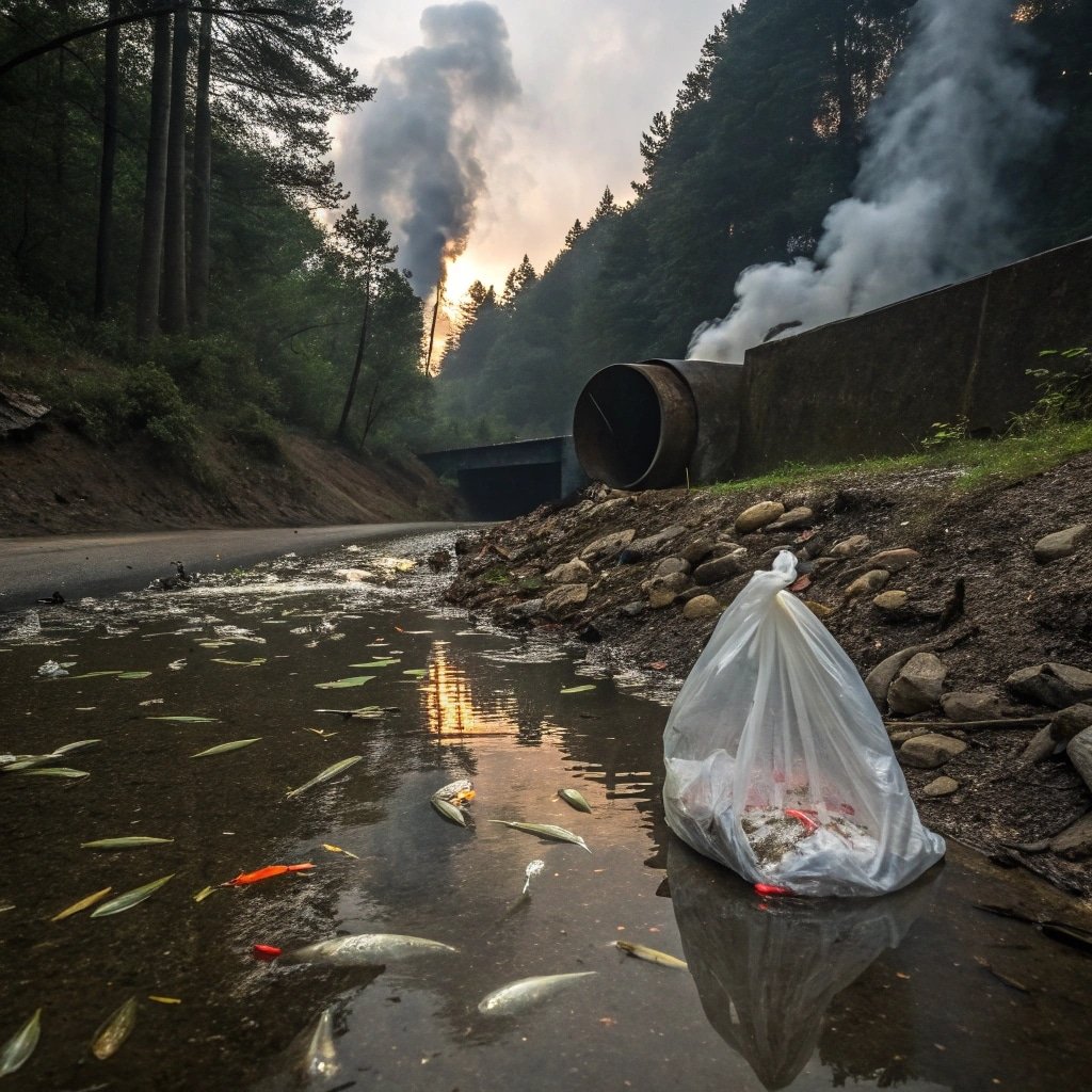 Polluted water with dead fish, plastic waste, and industrial smoke in the background