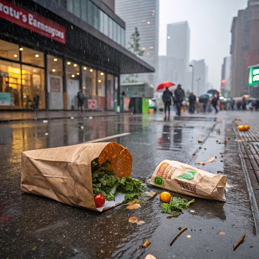 Spilled groceries from paper bags on a rainy city street