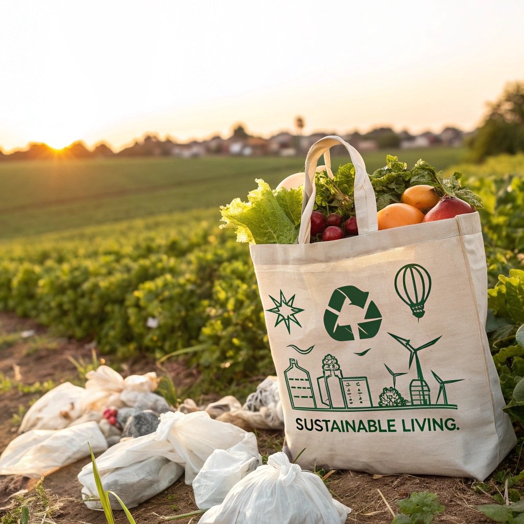 Reusable tote bag with fresh produce promoting sustainable living in a farm setting
