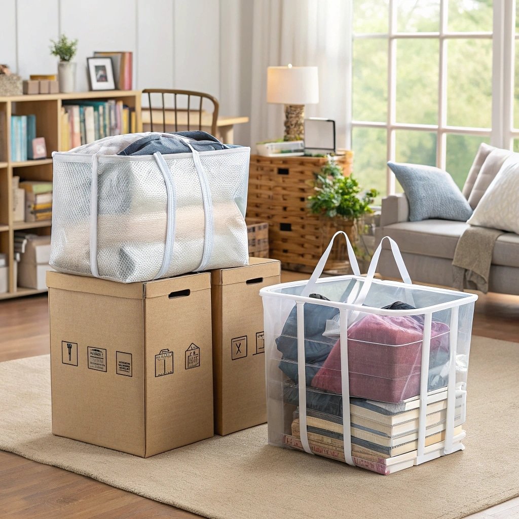 Cardboard boxes and transparent storage bags filled with clothes and books in a cozy room