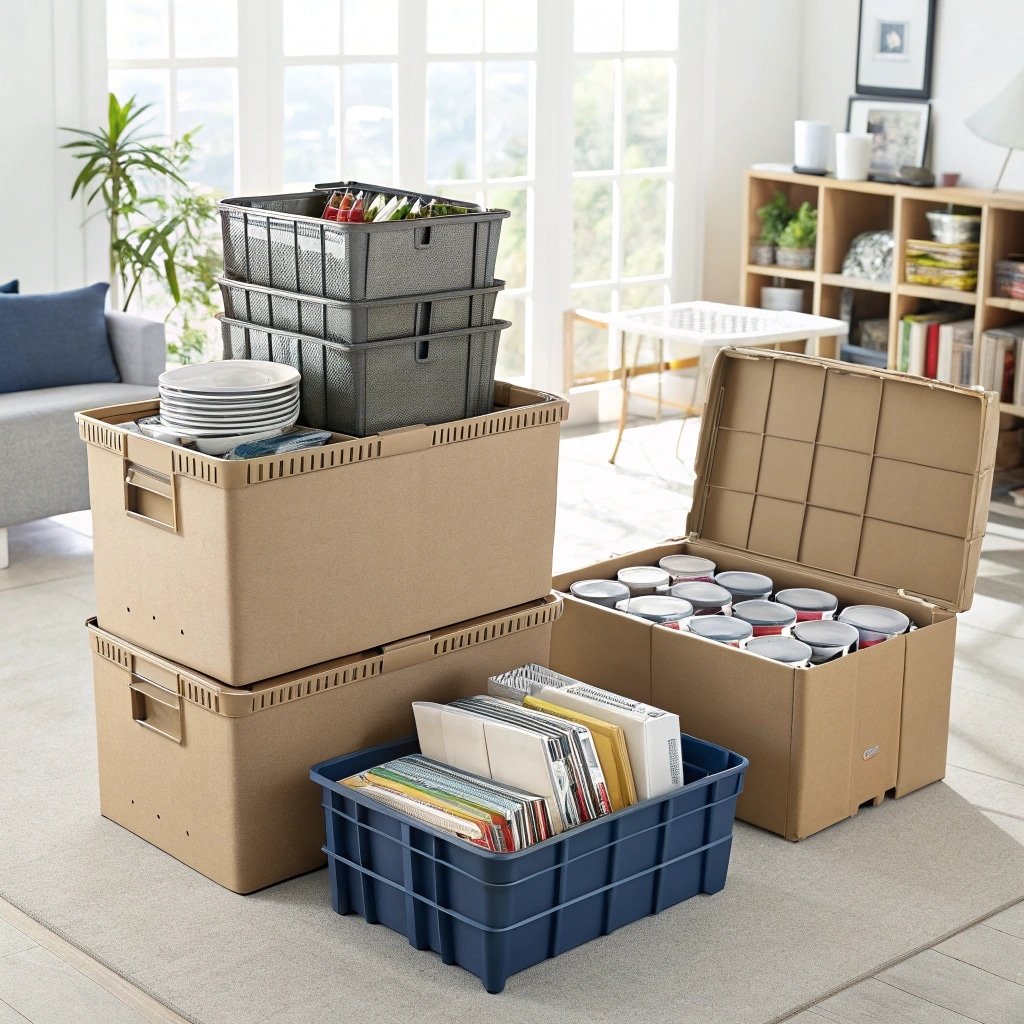 Cardboard and plastic storage boxes organized with dishes, cans, and files in a bright room