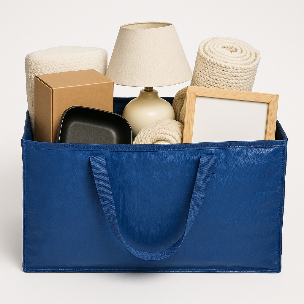 Blue moving bag filled with home items