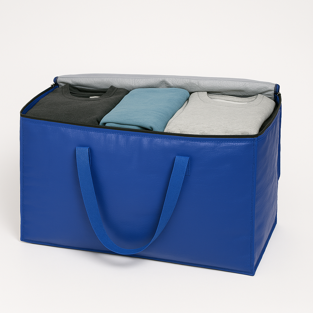 Blue storage bag neatly packed with clothes