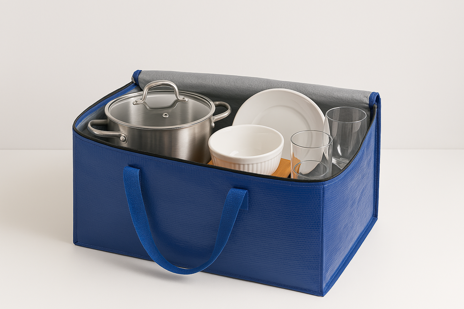 Blue storage bag with kitchenware inside
