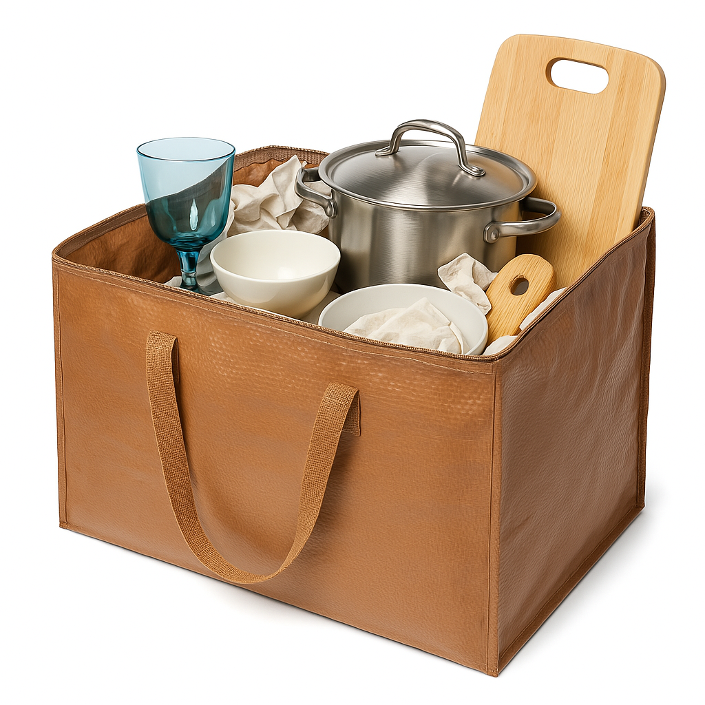 Brown storage bag with kitchen utensils inside