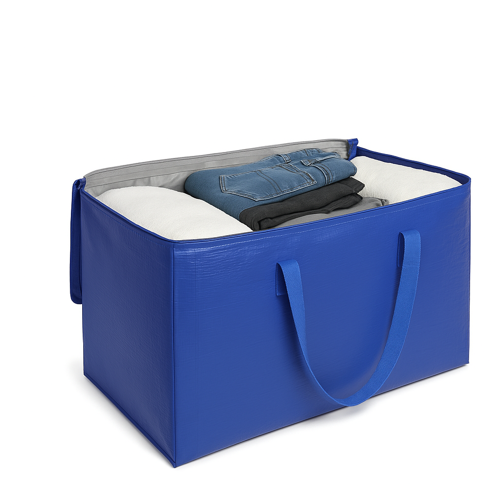 Blue moving bag packed with folded clothes