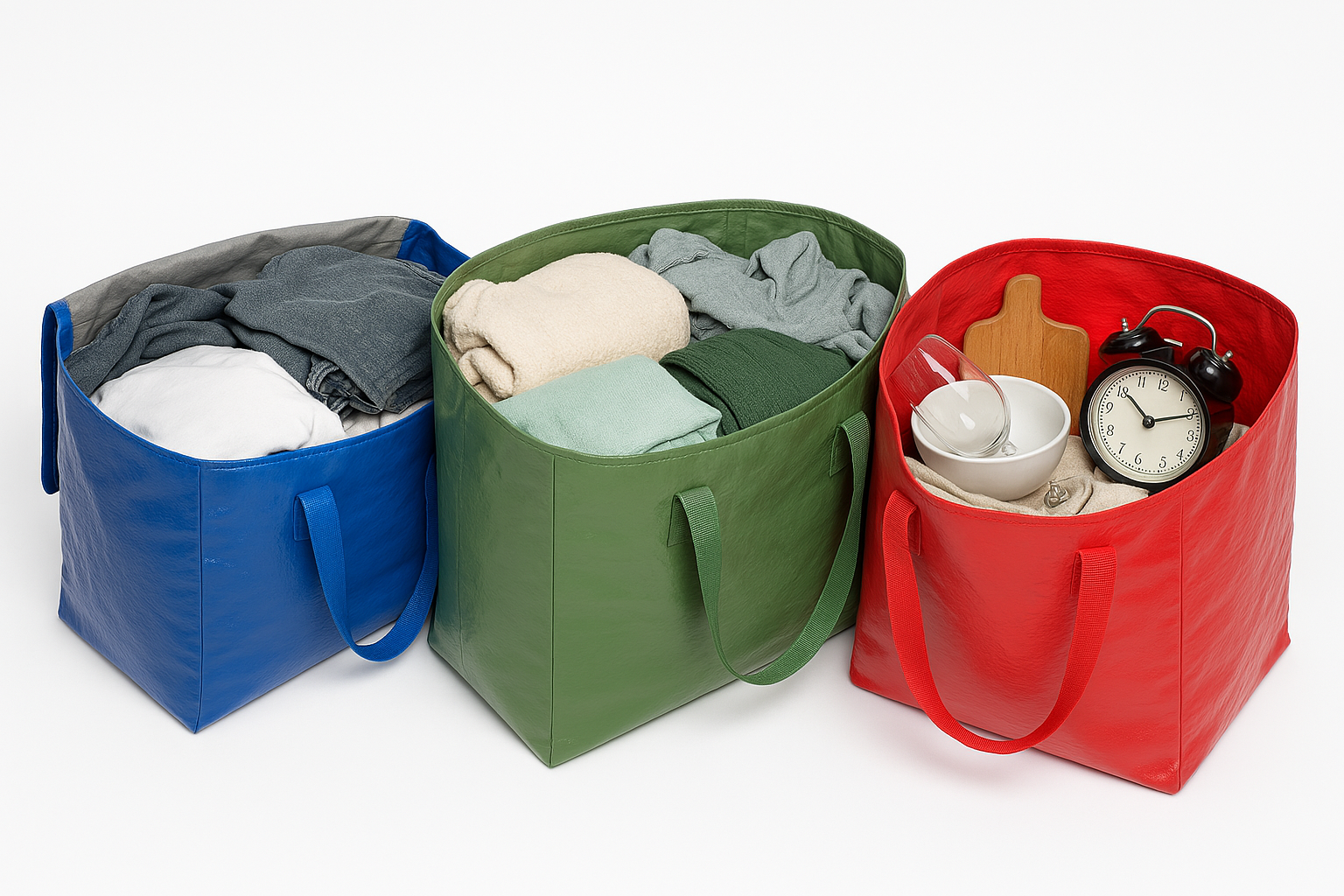 Three colorful moving bags filled with clothes and home items