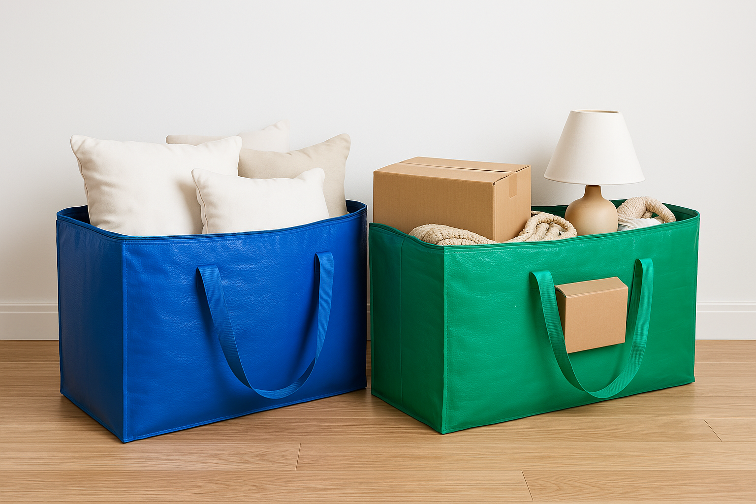 Blue and green moving bags with pillows and boxes
