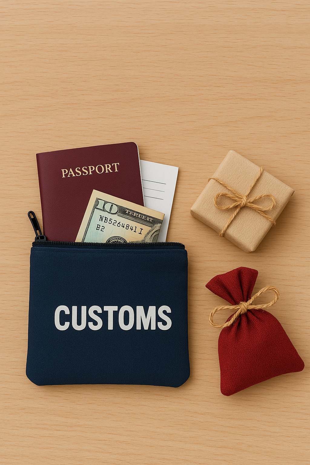Customs pouch with passport, money, and gift items on wooden surface