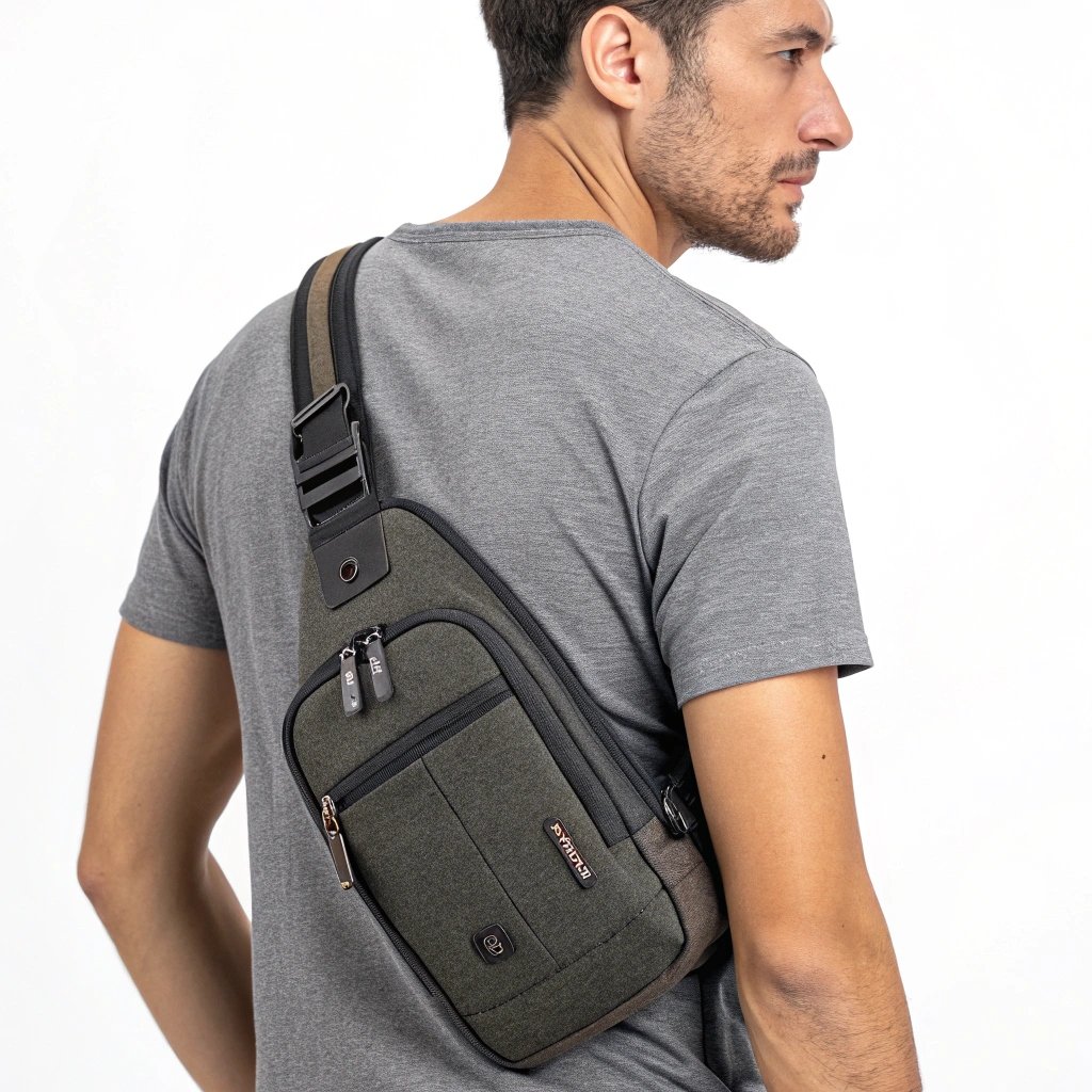 Man wearing compact olive green sling bag