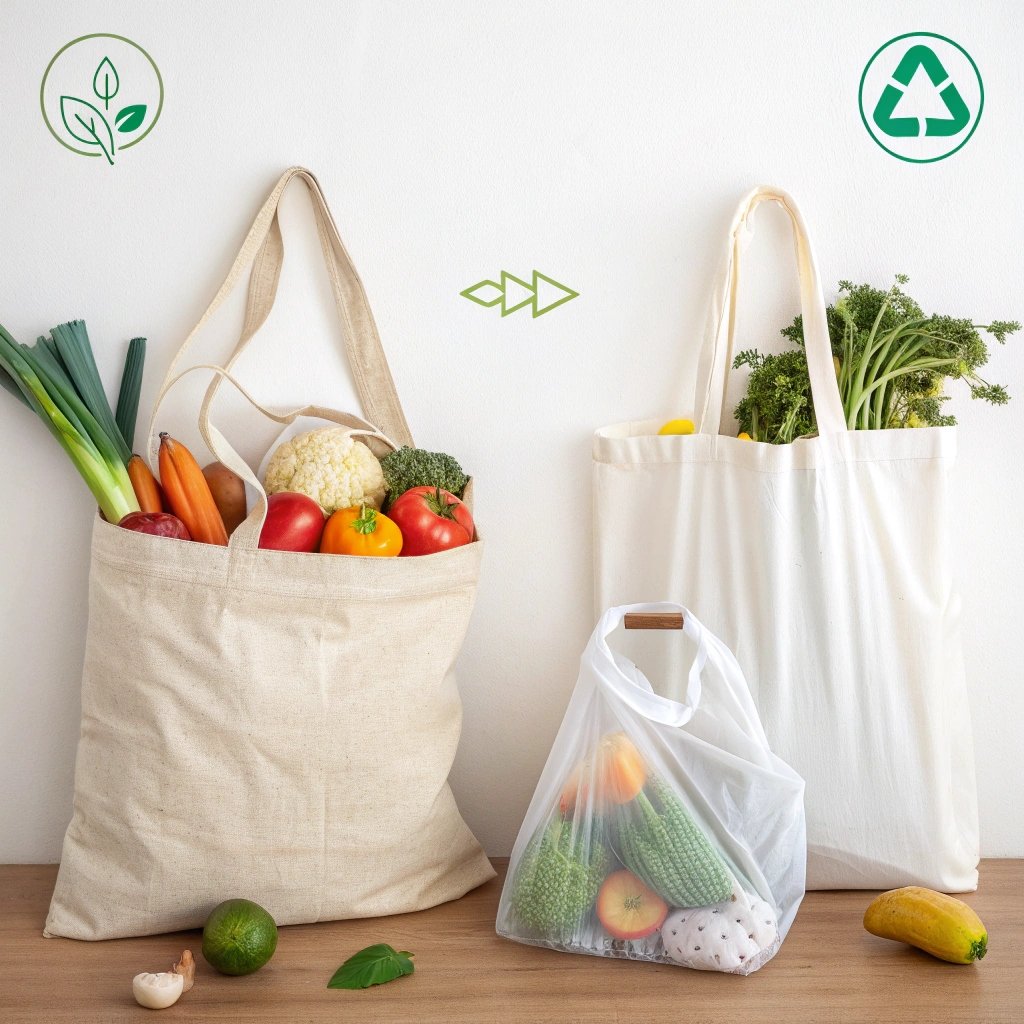 Eco-friendly fabric bags with fresh vegetables, promoting sustainability