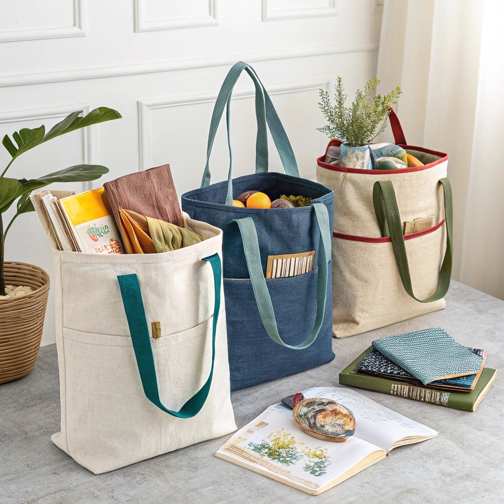 Stylish canvas bags with books and plants, showcasing practical storage