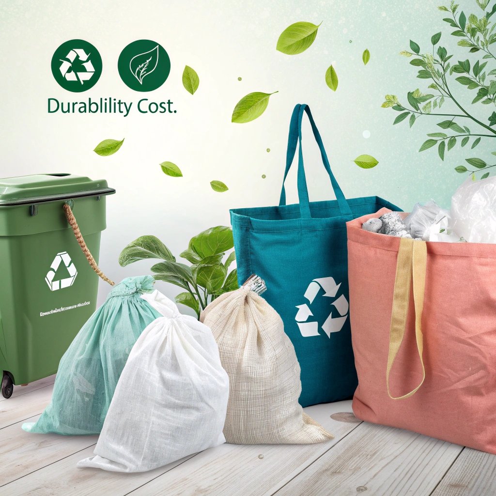 Eco-friendly shopping bags, recyclable materials, and plants, highlighting durability and sustainability