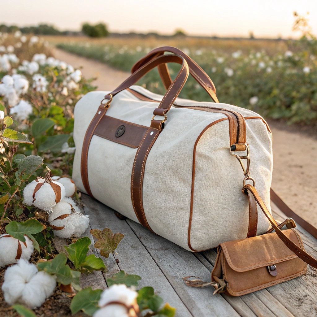 Canvas duffle bag with leather straps in a cotton field at sunset