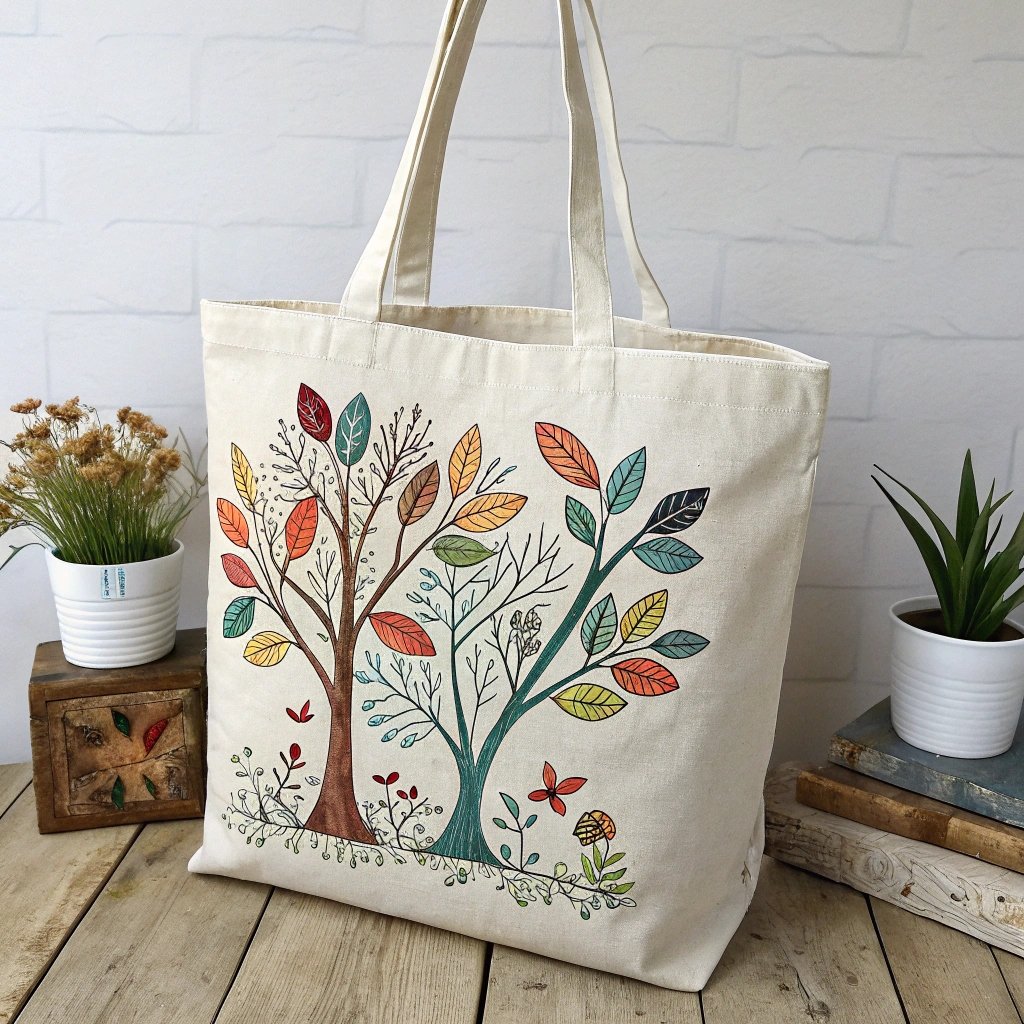 Canvas bag with artistic tree design, featuring colorful leaves and nature motifs