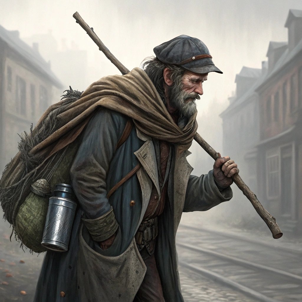 Old man carrying bundle on stick through misty street