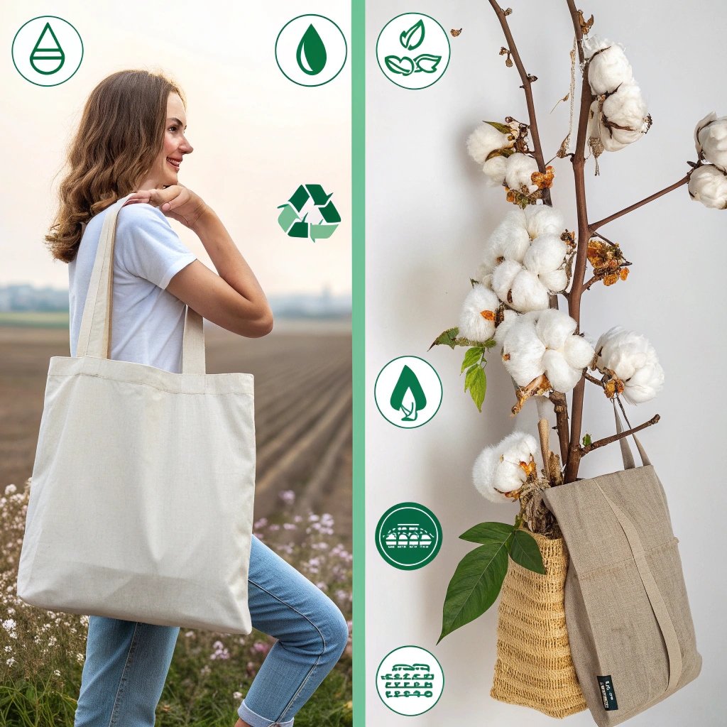 Eco-friendly cotton bags showcasing sustainability with a model and cotton plant