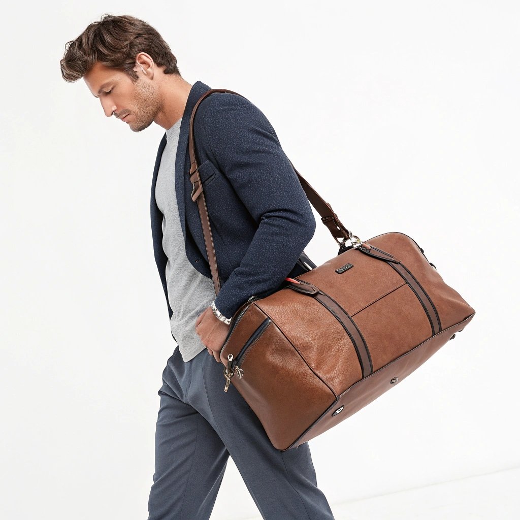 Man carrying stylish brown leather duffel bag