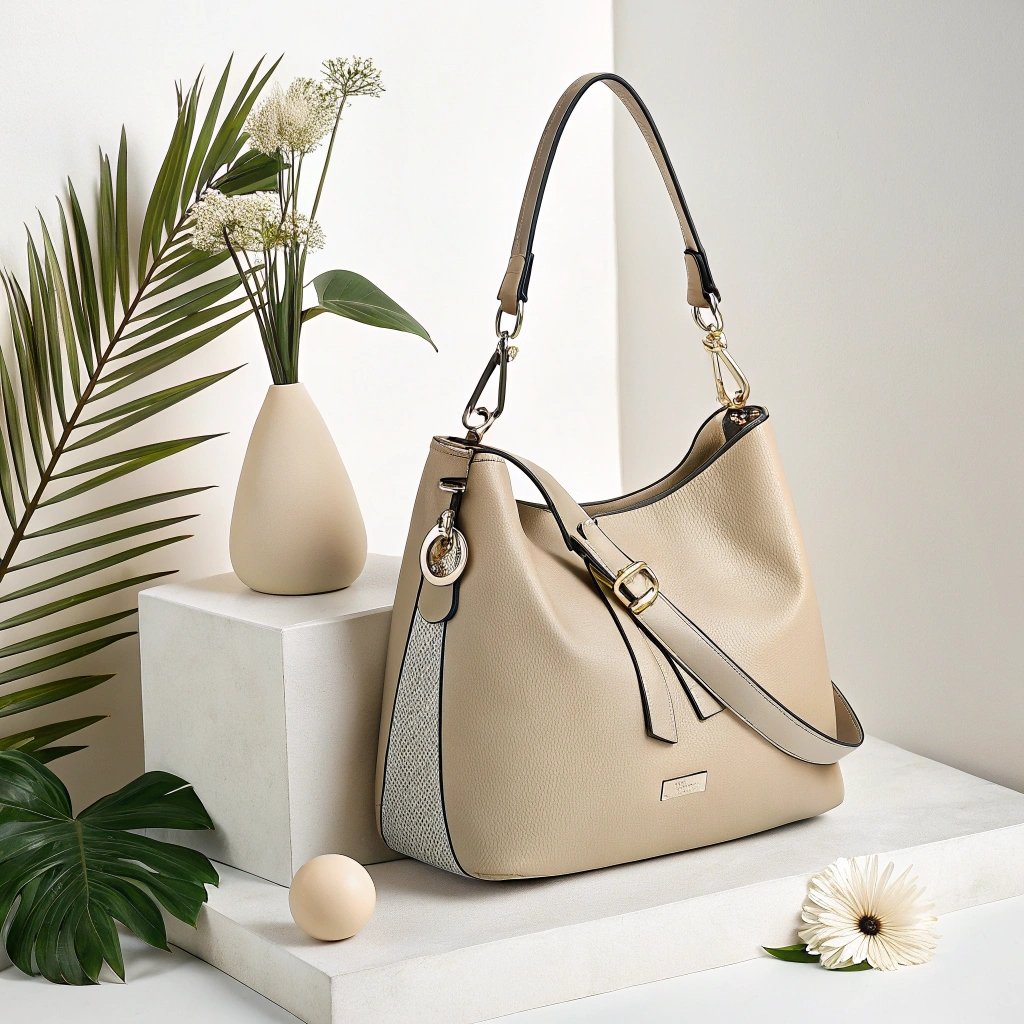 Beige designer handbag with gold accents in studio setting