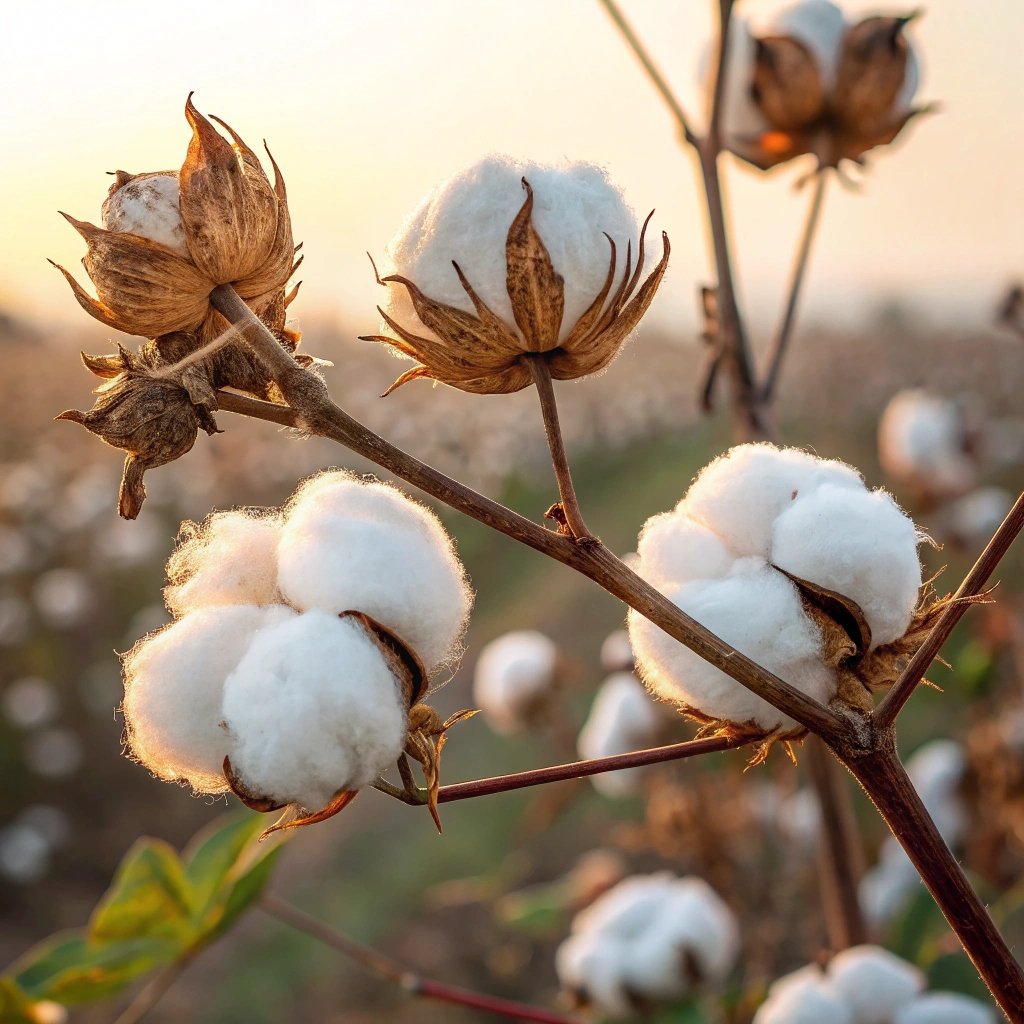 Close-up of cotton plants in a field during sunset