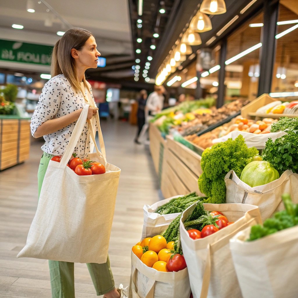 Woman shopping with a canvas bag filled with fresh tomatoes at the grocery store
