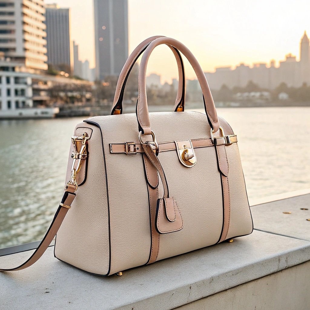 Elegant beige handbag with gold lock by riverside