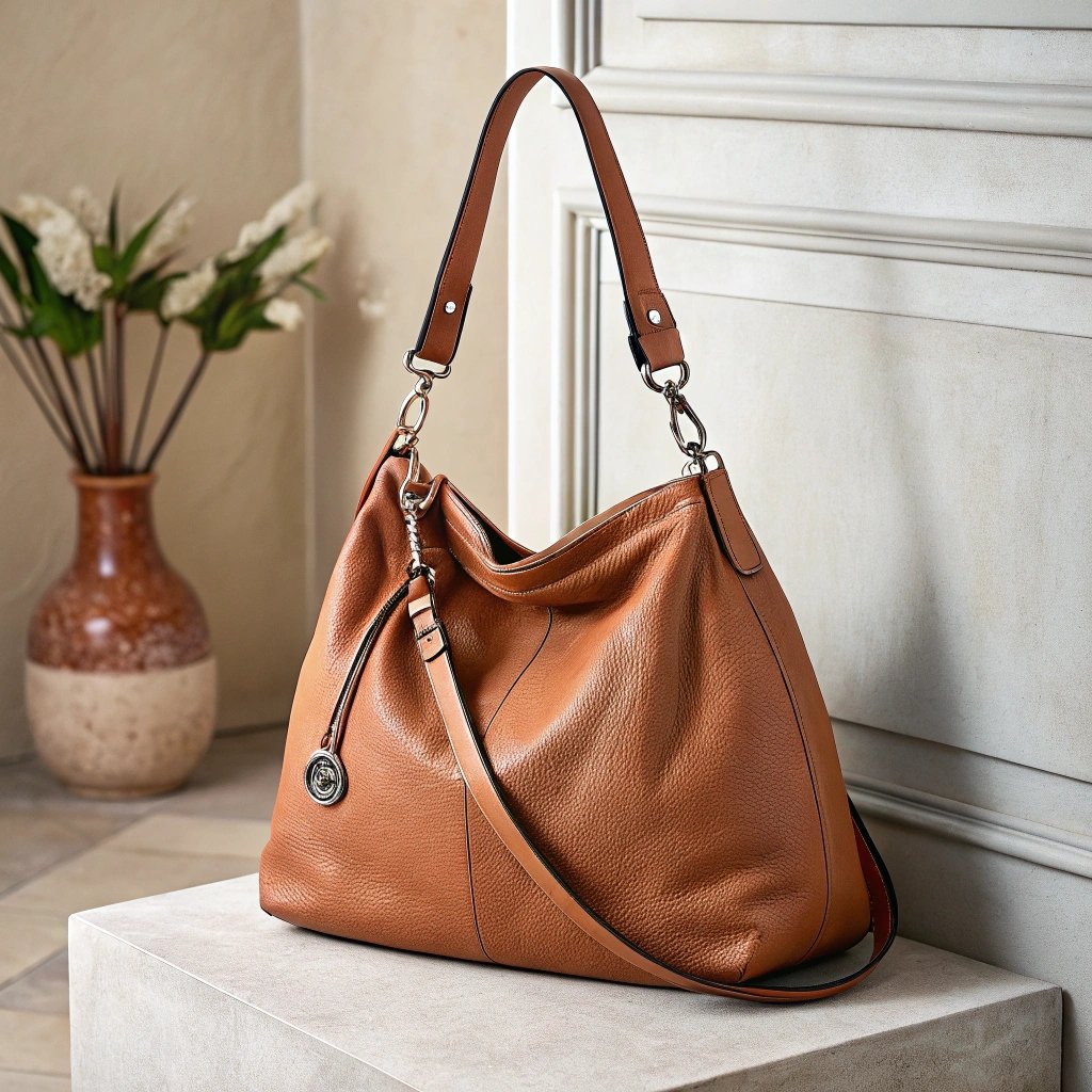 Chic brown leather hobo bag on stone pedestal