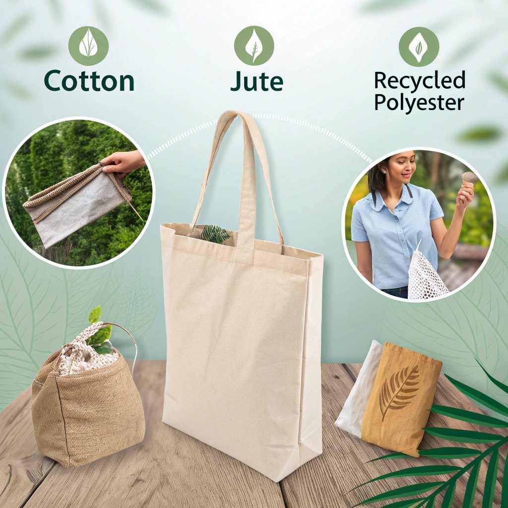 Eco-friendly bags made of cotton, jute, and recycled polyester, highlighting sustainable materials