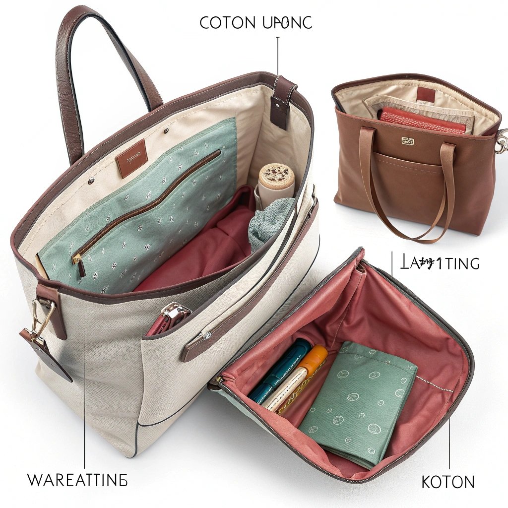 Interior view of cotton and leather bags, showcasing organization and compartments