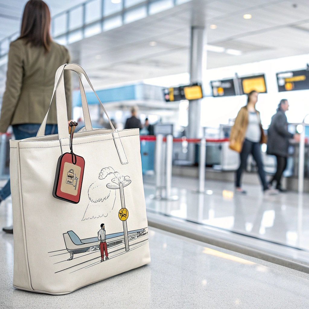 White tote bag with airport-themed illustration