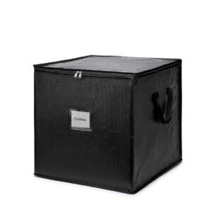 Square-shaped black moving storage bag with zipper top, ideal for closet organization or bulk packing