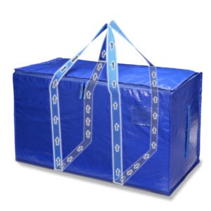 Surrounding strap design on large blue moving bag for extra support