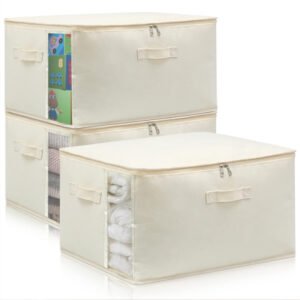 Stackable beige fabric storage bags with front transparent windows, showing neatly organized clothes and linens