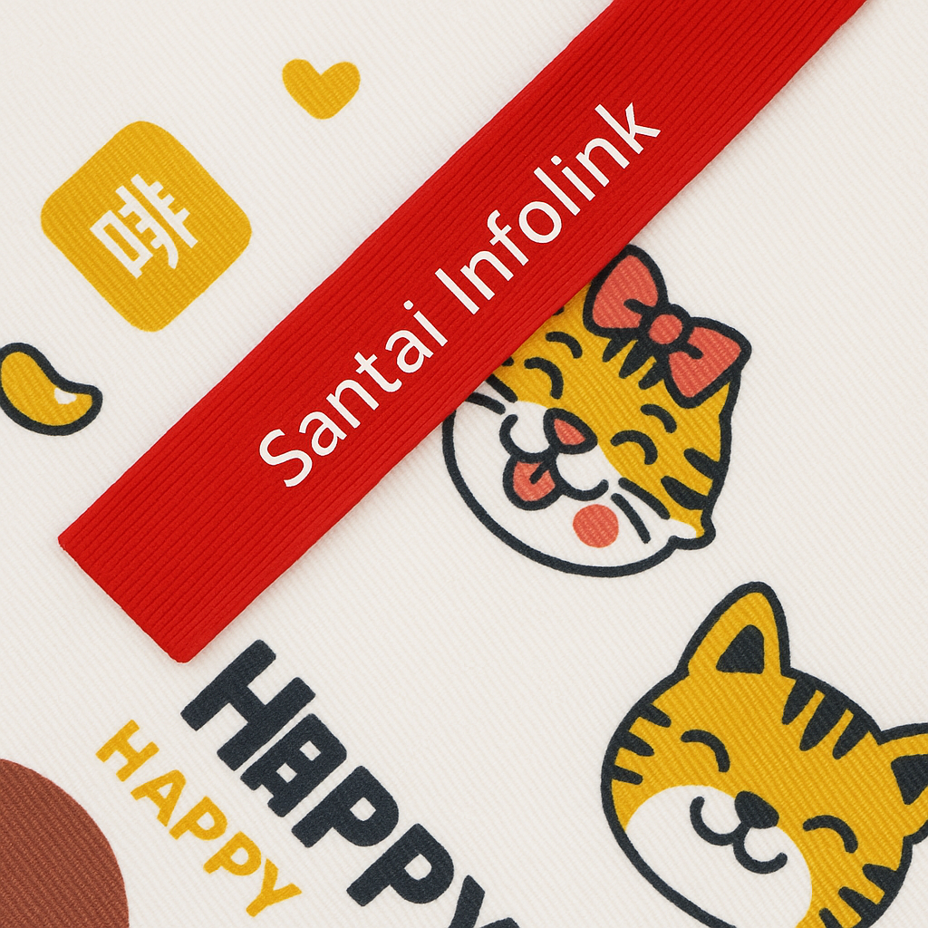 Eco-friendly tote bag featuring custom printed cartoon design and branded woven ribbon tag