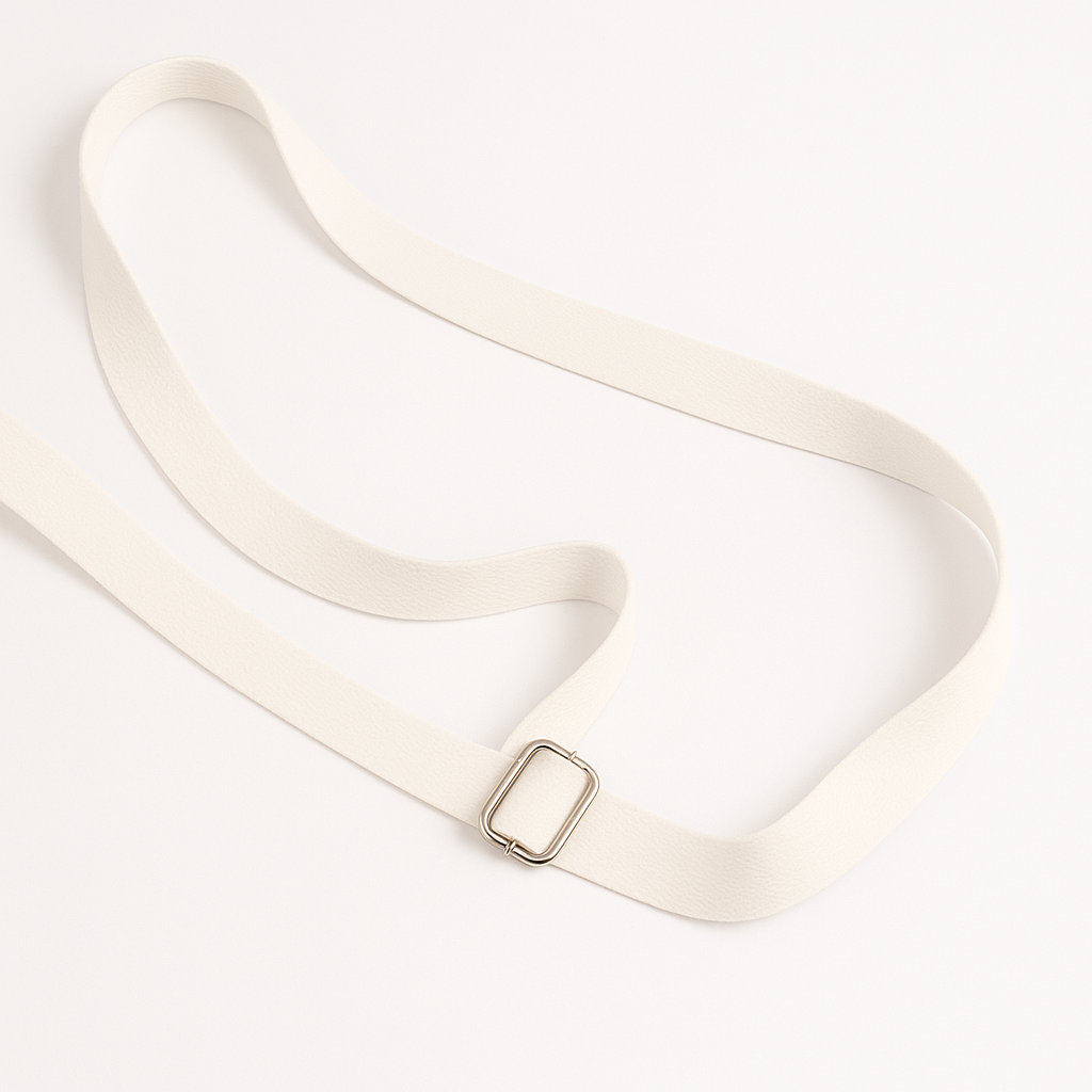 Close-up of adjustable canvas shoulder strap with metal buckle for customizable carrying length