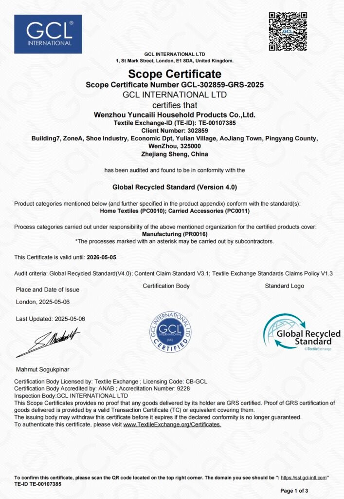 Global Recycled Standard (GRS) Scope Certificate for shopping bag manufacturing