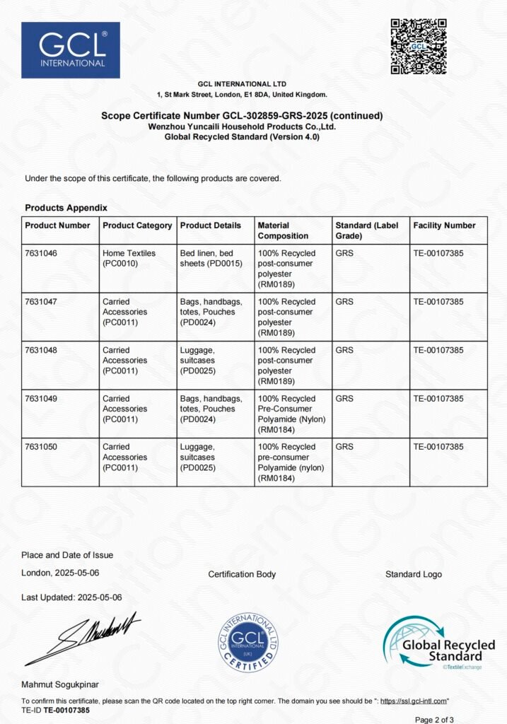 Global Recycled Standard (GRS) product list certificate for shopping bags