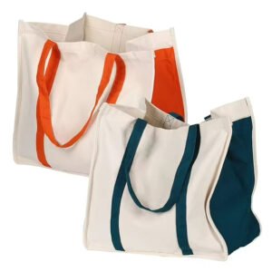 Two-tone canvas shopping totes with contrasting orange and teal handles, reusable and customizable for branding or daily use.