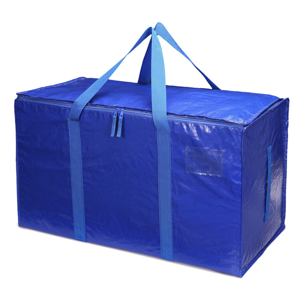Royal blue PVC moving bag with smooth zipper and wide handles, used for home organization and transport