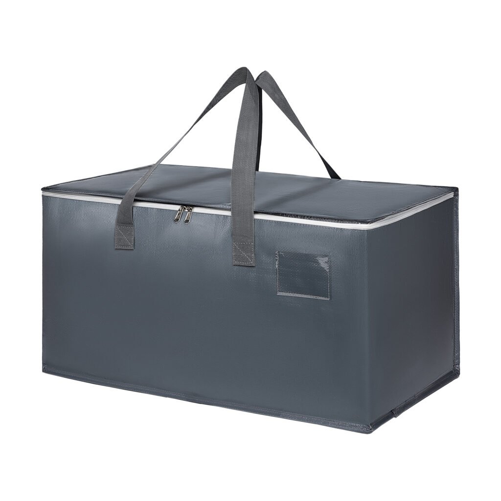 Dark gray reinforced moving bag with front card holder and strong stitching, suitable for warehouse and logistics use
