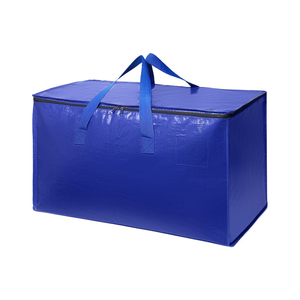 Blue moving storage bag for heavy items with top zipper and strong double handles, reusable and waterproof