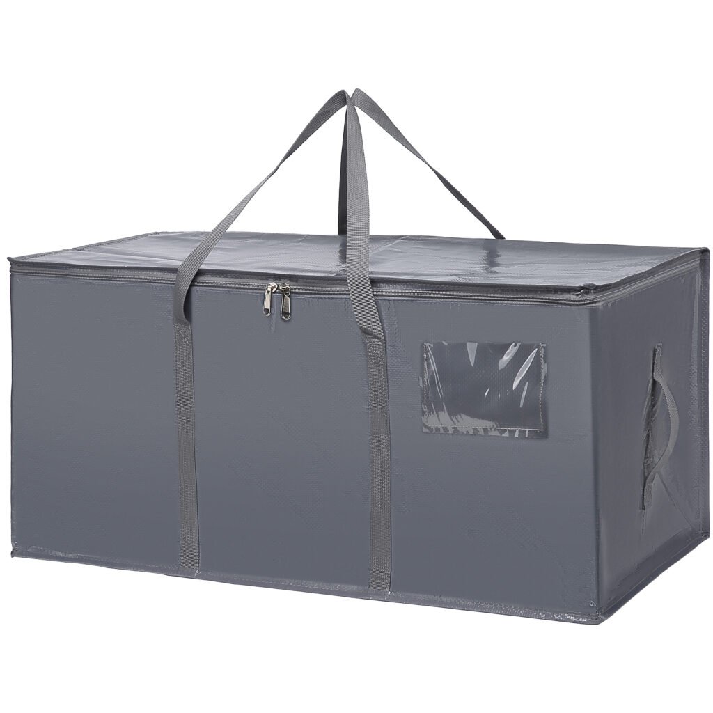 Gray moving bag with transparent side window and durable zipper closure for easy item identification
