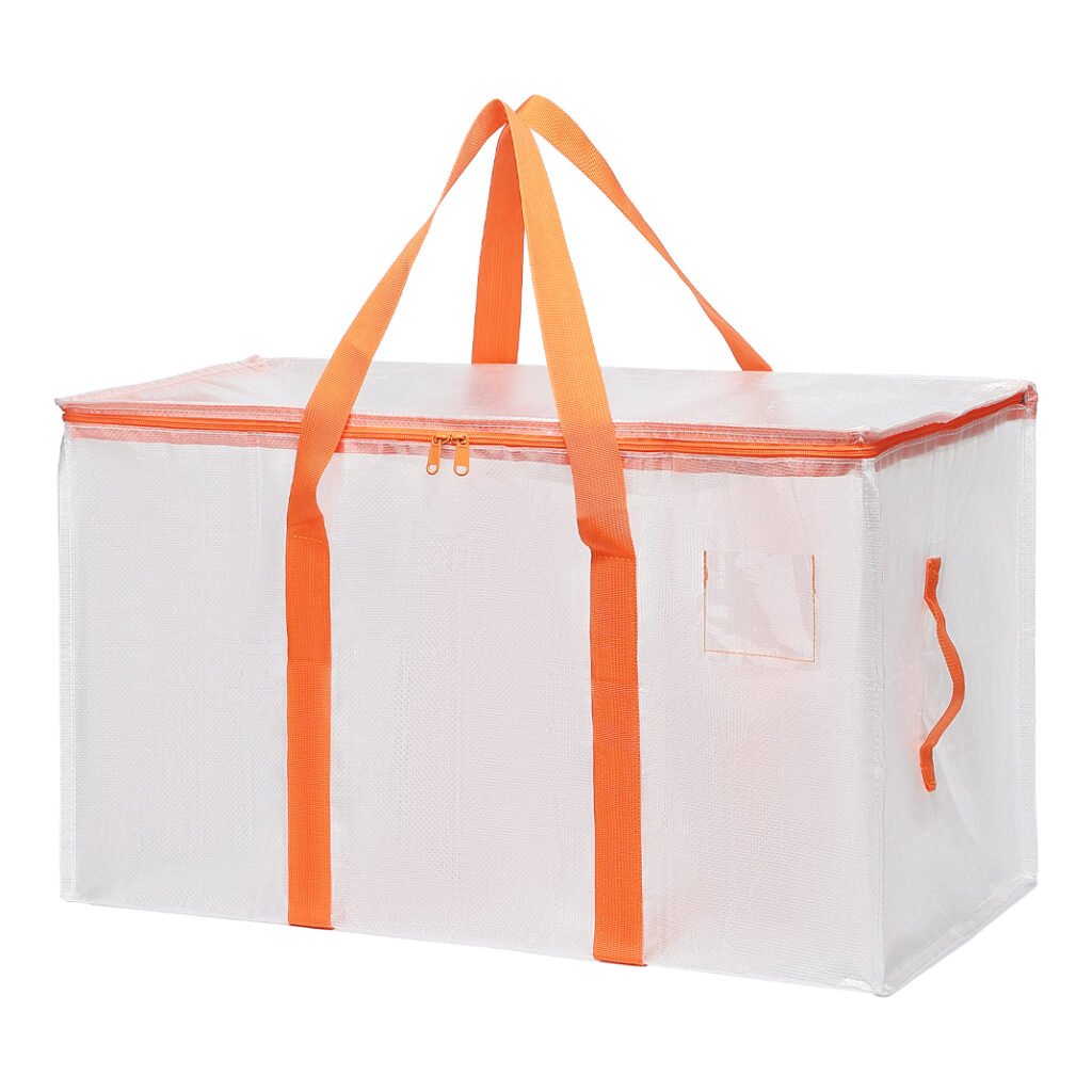 Heavy-duty white moving bag with bright orange straps, large capacity storage tote with side zipper and ID tag holder for easy relocation and organization