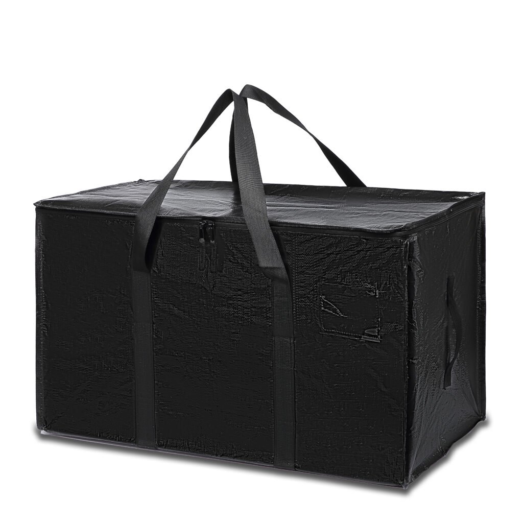 Black thickened PVC moving bag with durable stitching and zipper, used for moving house or storage bins