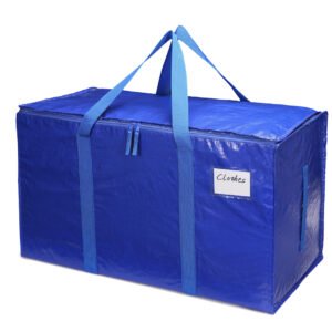 Blue moving storage bag with reinforced straps ideal for heavy loads, clothes, or dorm essentials