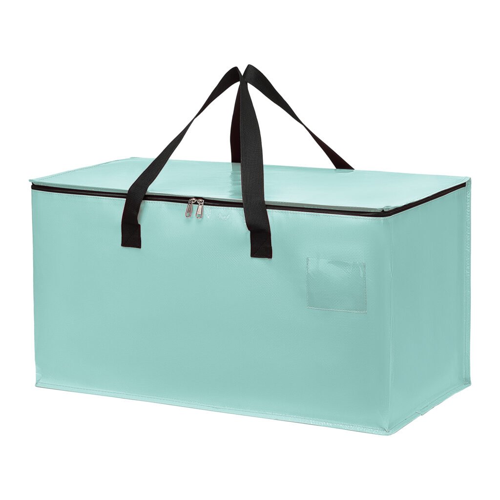 Mint green heavy duty moving bag with zipper and reinforced handles, ideal for clothes storage and relocation