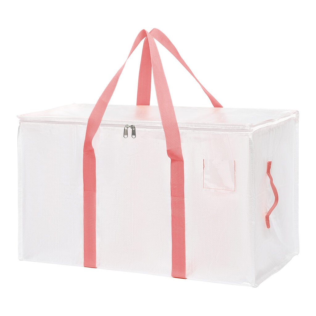 White large moving bag with pink straps and front card tag, foldable and great for long-term storage